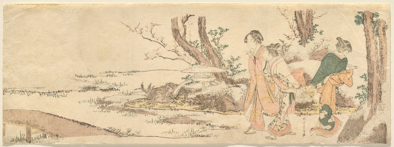 Drie vrouwen bij een vijver door Katsushika Hokusai