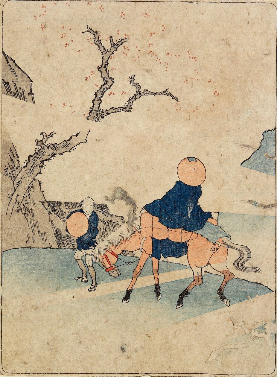 Reiziger te paard onder een bloeiende kersenboom door Katsushika Hokusai