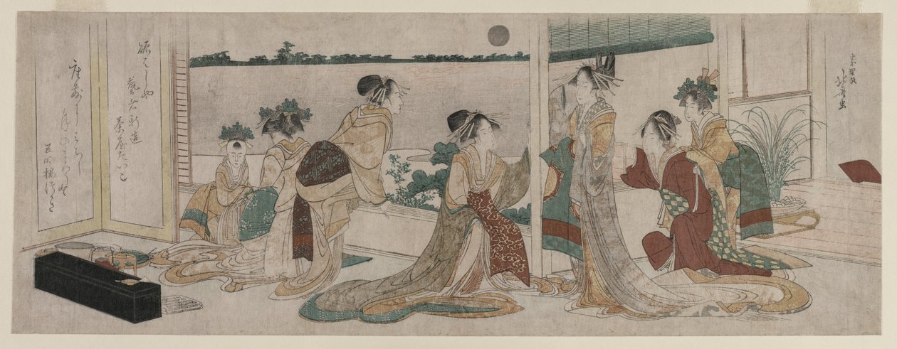 Tsukasa en andere courtisanes van de Ogiya kijken naar de opkomende herfstmaan, 1799 door Katsushika Hokusai