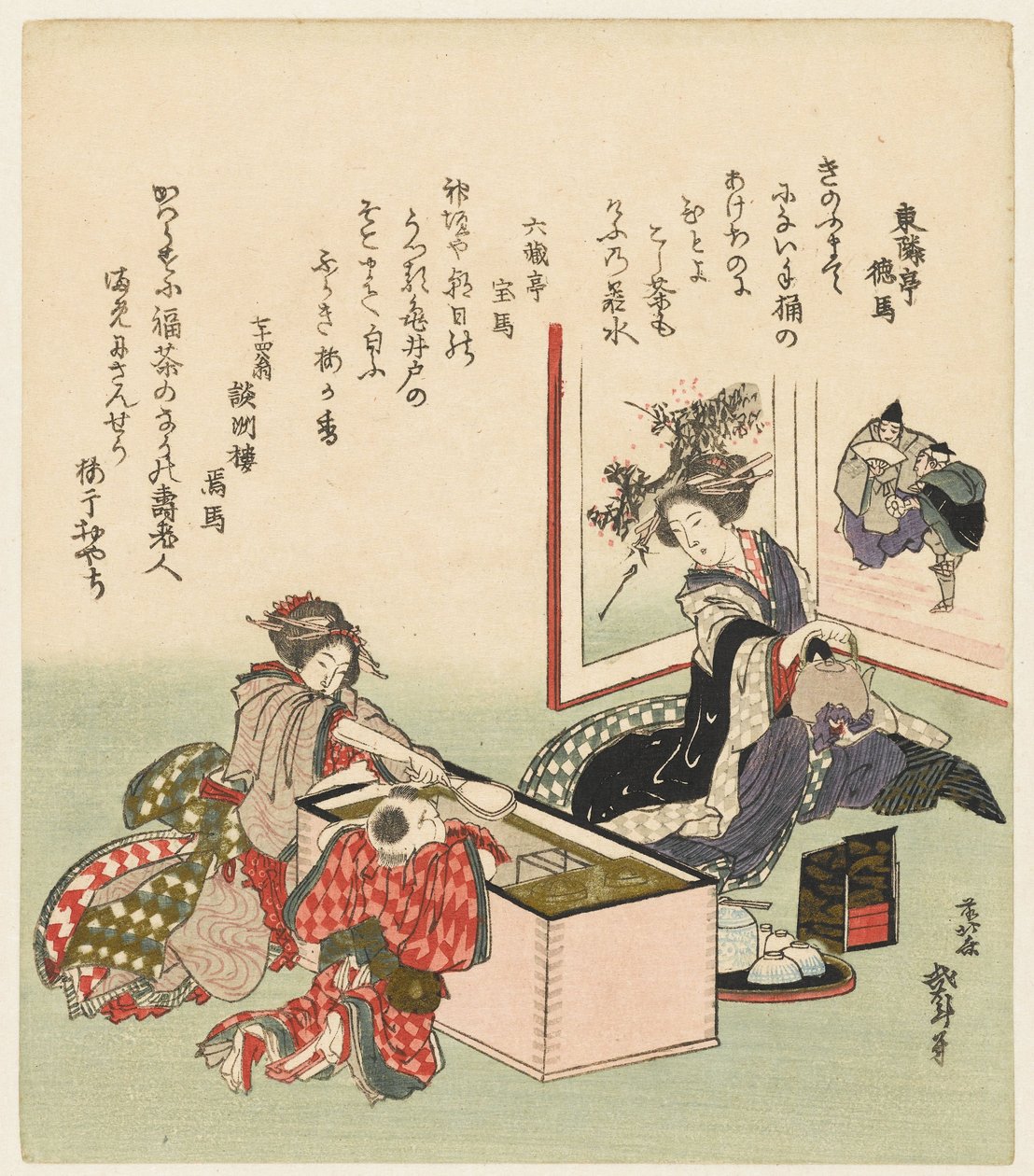Twee vrouwen en een jongen zittend bij een vuurpot door Katsushika Hokusai