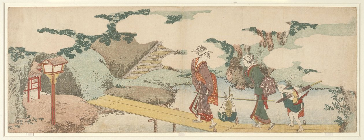 Twee vrouwen en een jongen op de promenade door Katsushika Hokusai
