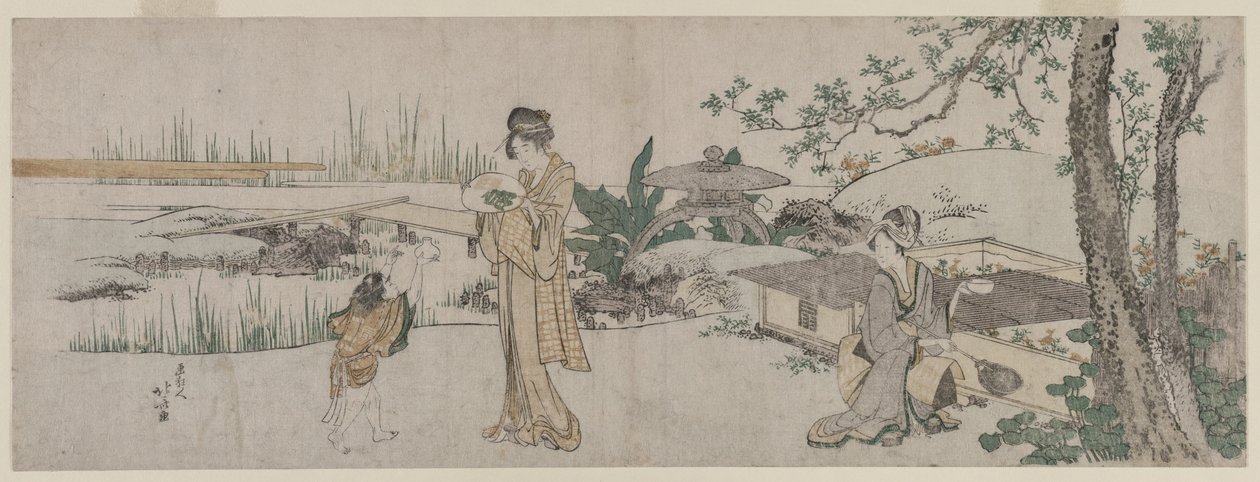 Twee vrouwen en een kind naast een goudvissenkom, ca. 1800 door Katsushika Hokusai