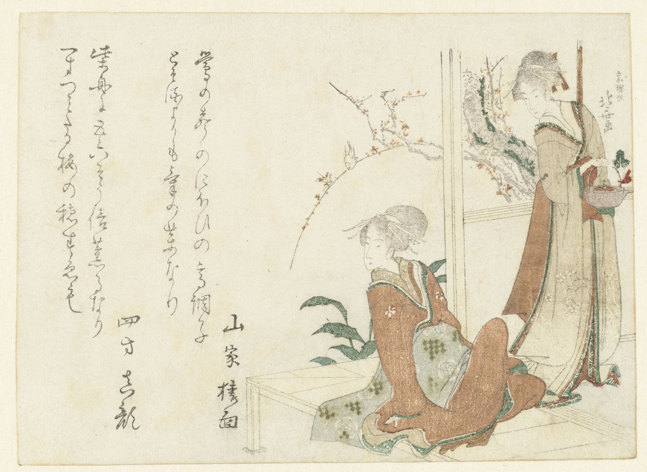Twee vrouwen op de veranda door Katsushika Hokusai