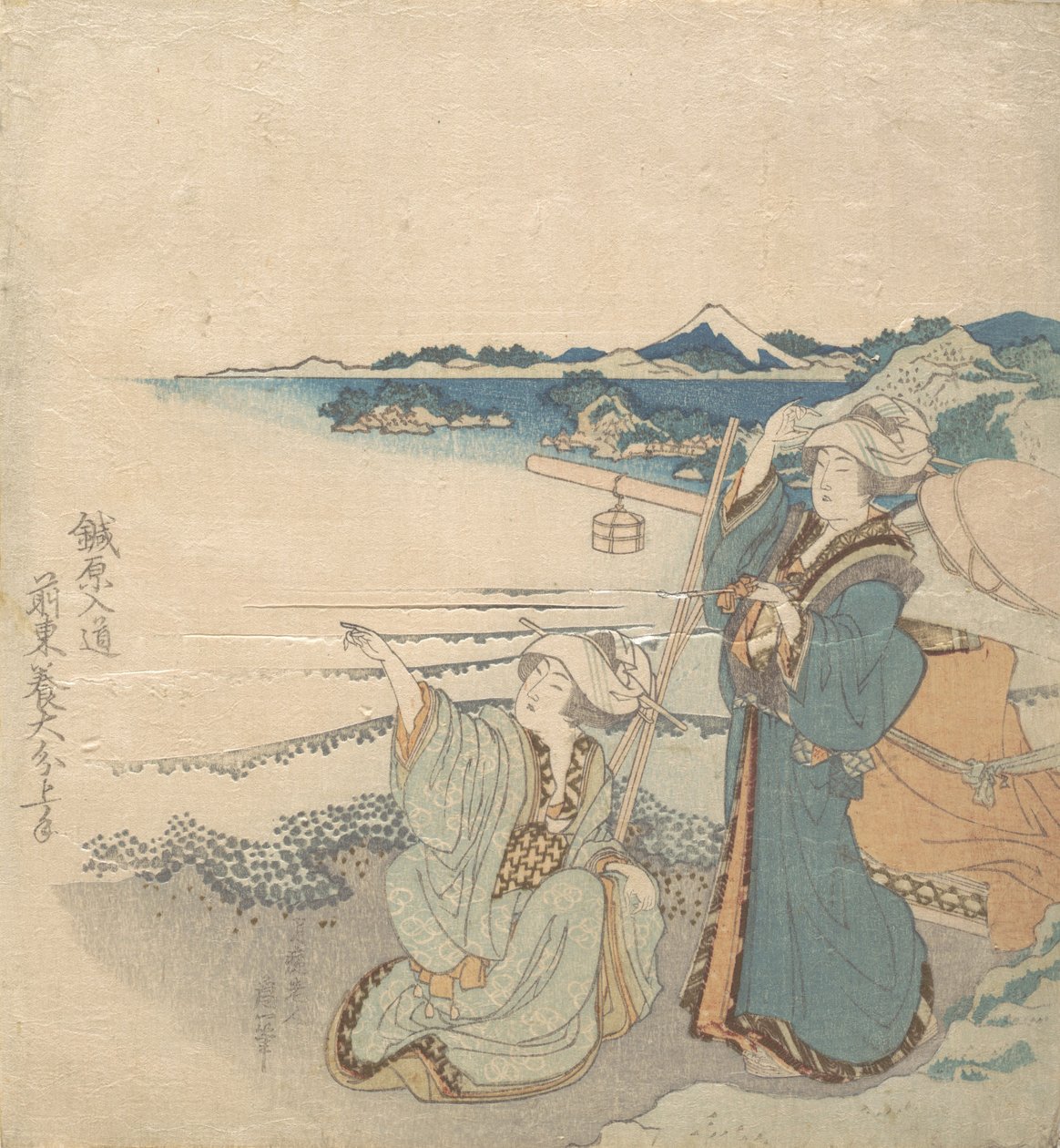 Twee jonge dames aan de kust, een wijzend door Katsushika Hokusai