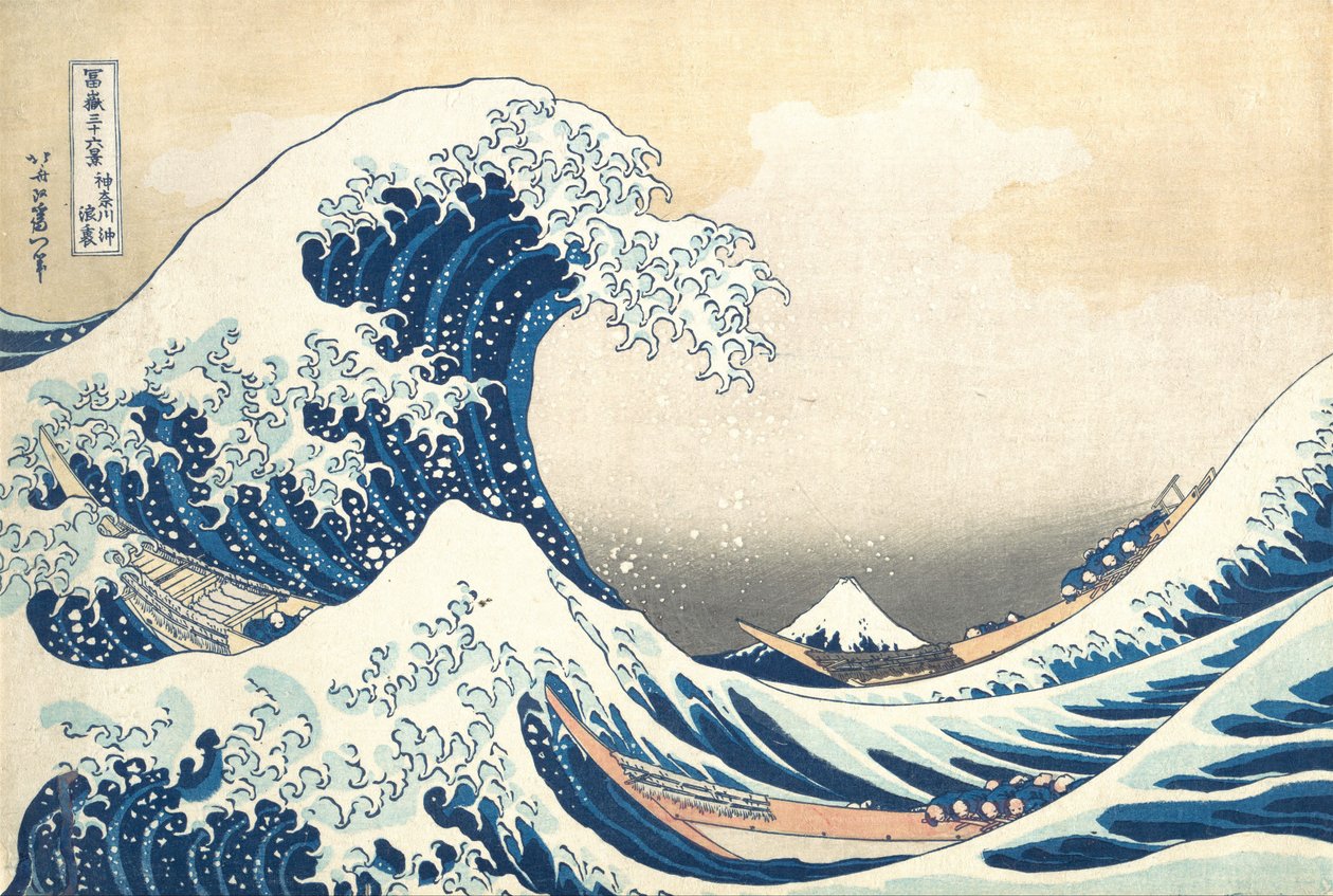 Onder de golf bij Kanagawa (Kanagawa oki nami ura), ook bekend als De grote golf, uit de serie Zesendertig gezichten op de berg Fuji (Fugaku sanjūrokkei) door Katsushika Hokusai
