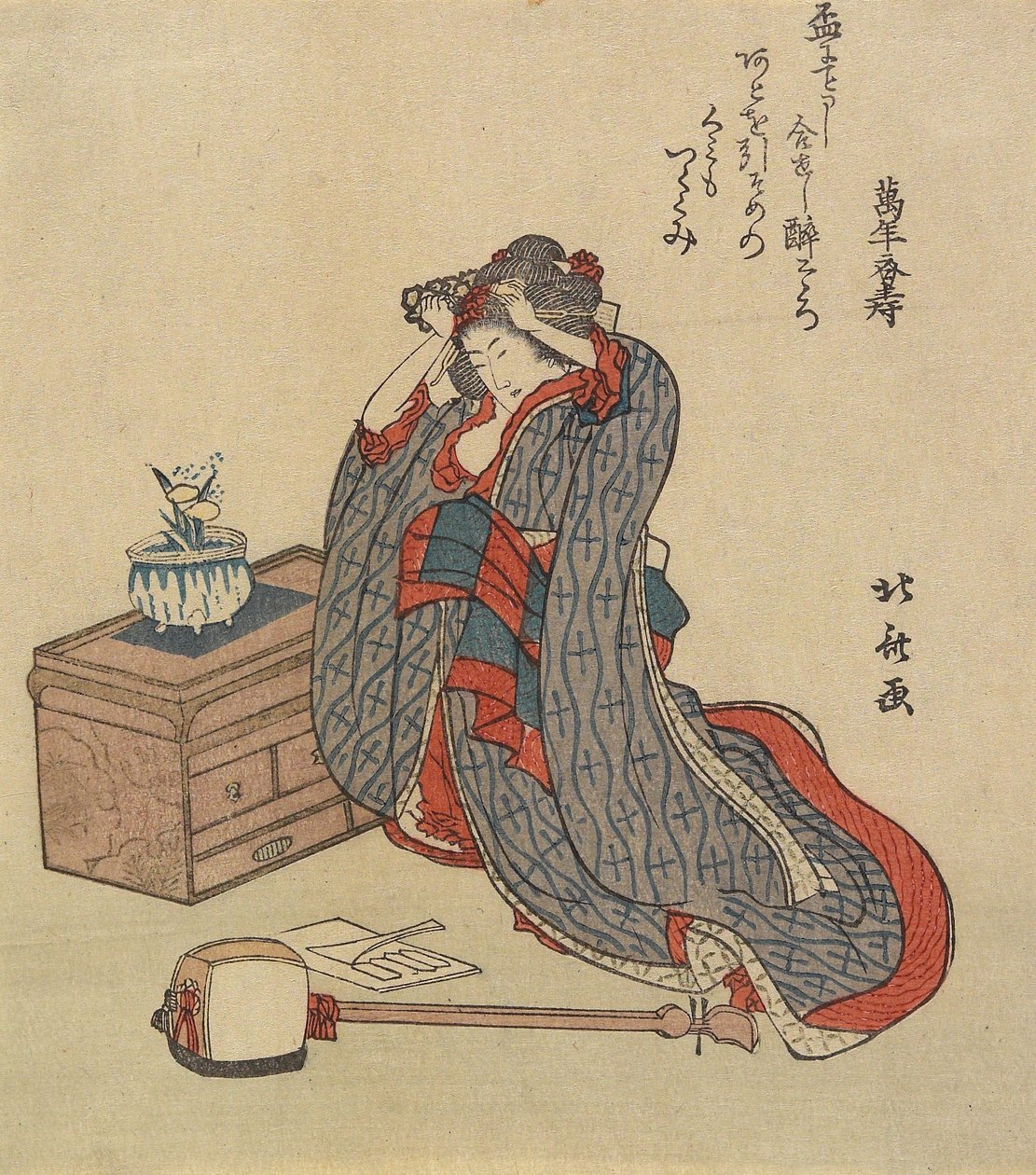 Vrouw die haar haar doet, 1797-1819 door Katsushika Hokusai