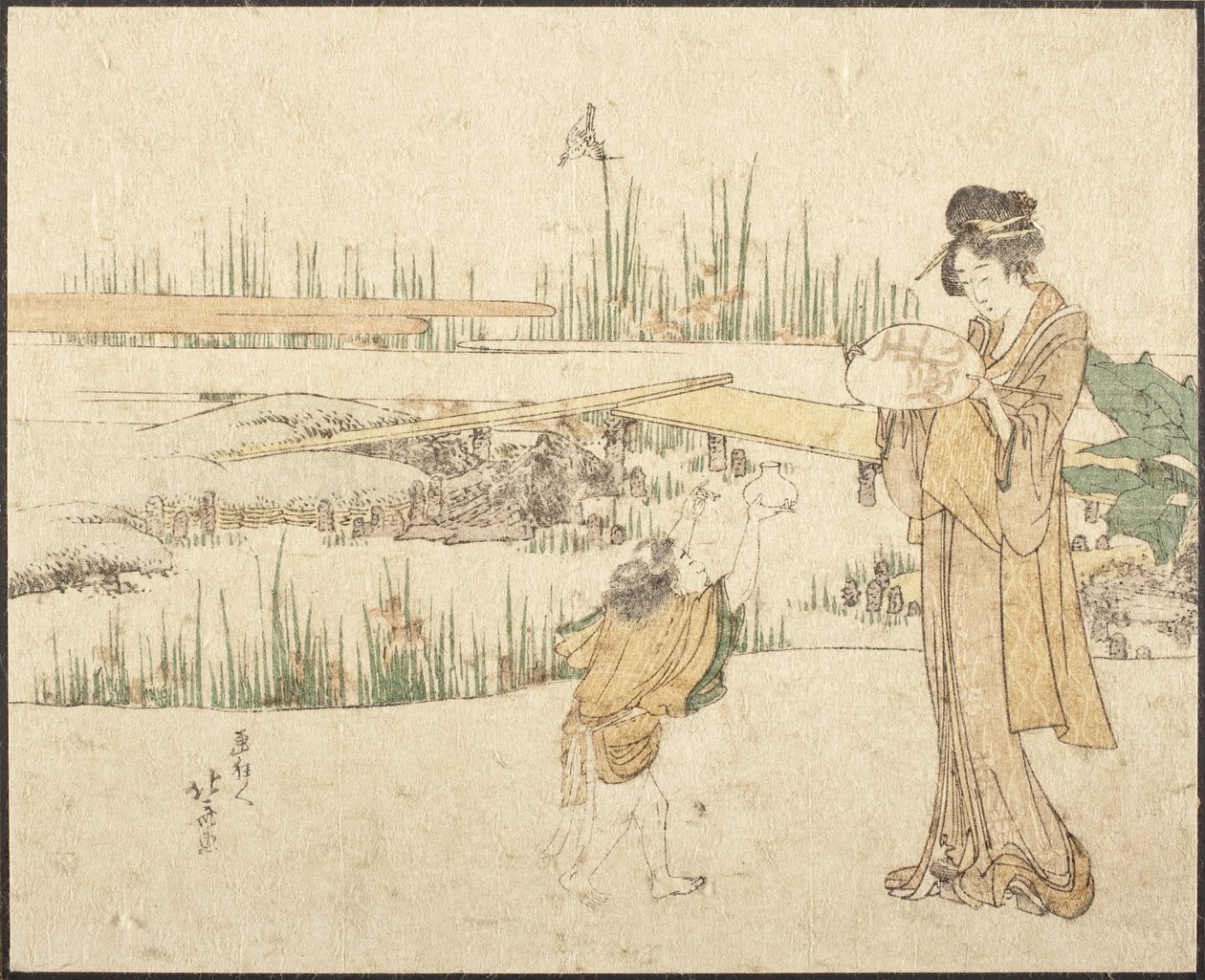 Vrouw en kind in een tuin; fragment van ‘De goudvisverkoper’ door Katsushika Hokusai