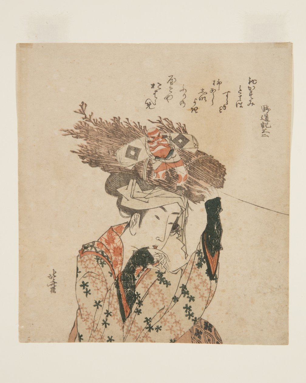 Vrouw van ?hara met houtbundel en vlieger (kleur houtsnede) door Katsushika Hokusai