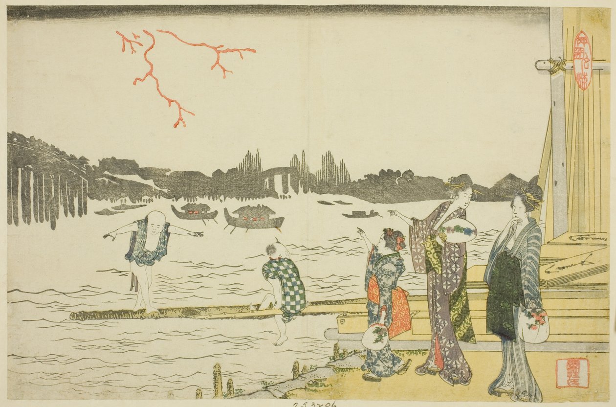 Vrouwen en kinderen kijken naar het vuurwerk door Katsushika Hokusai