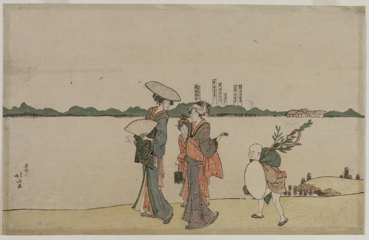 Vrouwen en kinderen wandelen langs de Sumida-rivier, begin 1800s door Katsushika Hokusai