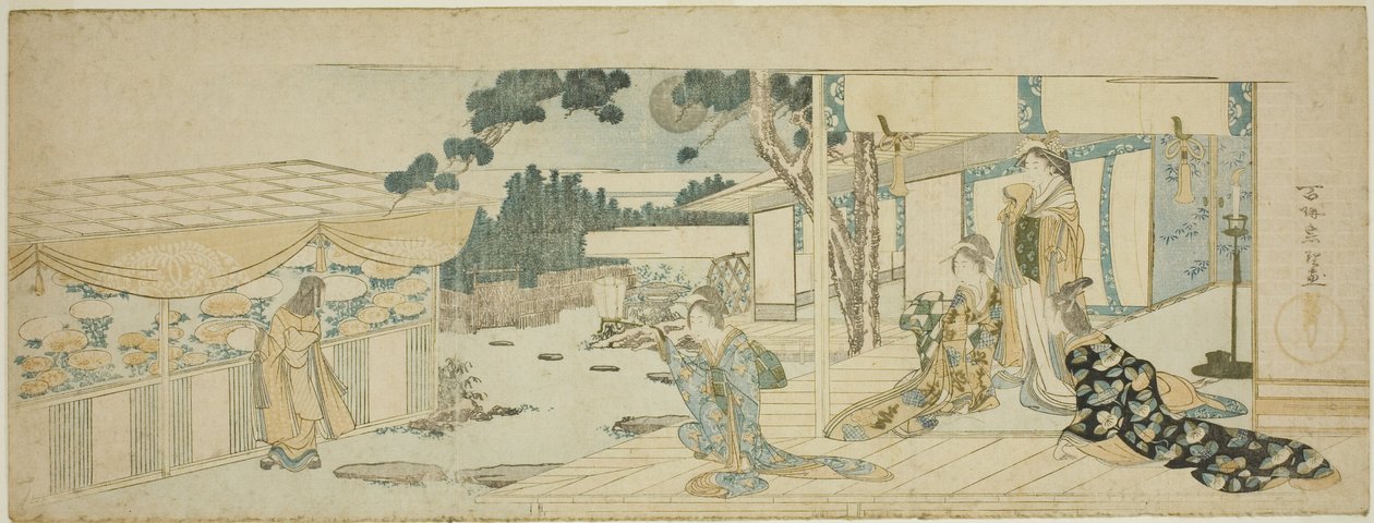 Vrouwen op de veranda kijken naar een meisje dat bloemen plukt door Katsushika Hokusai