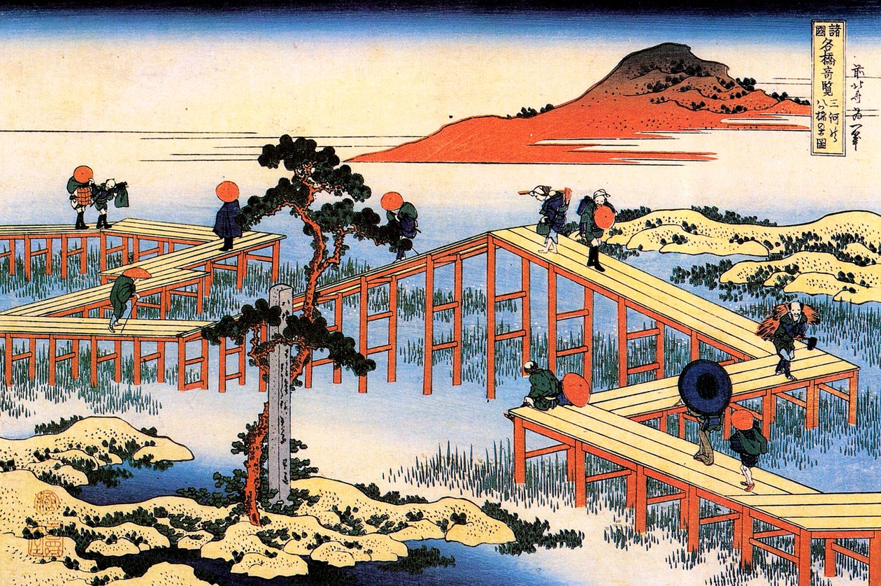 Yatsuhashi in de provincie Mikawa, ca. 1835 door Katsushika Hokusai