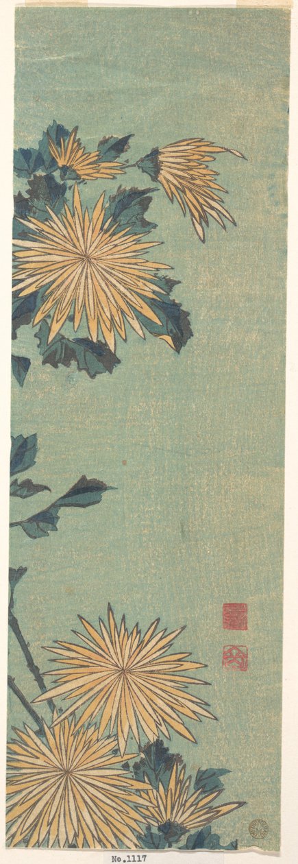 Gele chrysanten op een blauwe achtergrond door Katsushika Hokusai