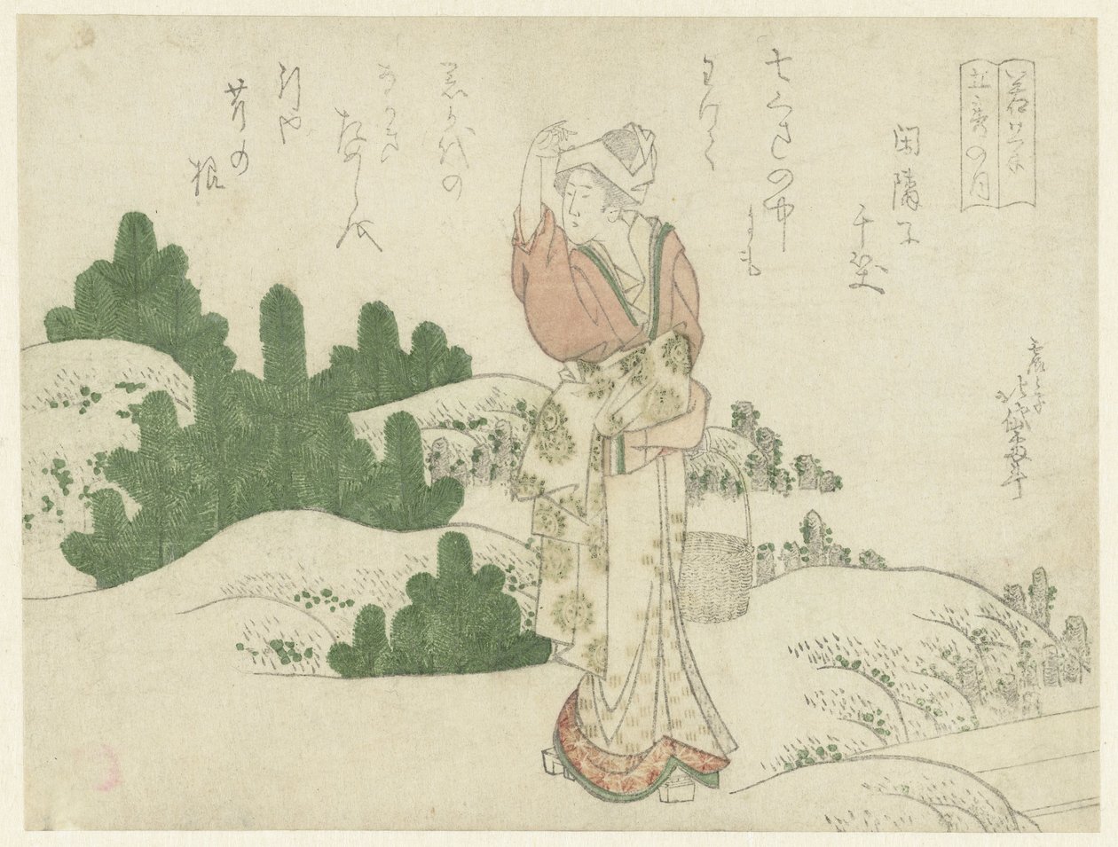 Een vrouw tussen jonge dennen door Katsushika Hokutai