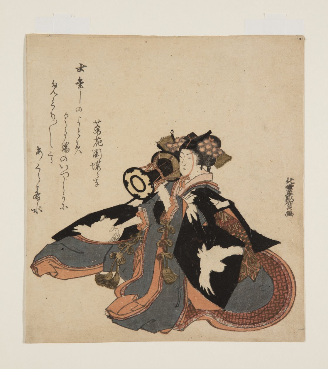 Vrouw die handtrommel speelt door Katsushika Hokuun