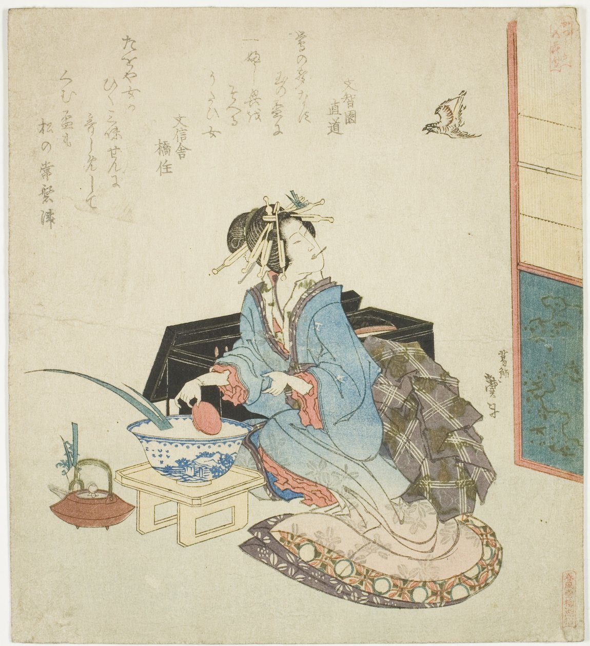 Geisha kijkt omhoog naar een koekoek, uit de serie "Vijf Jaarlijkse Festivals voor de Katsushika Kring" door Katsushika Taito II