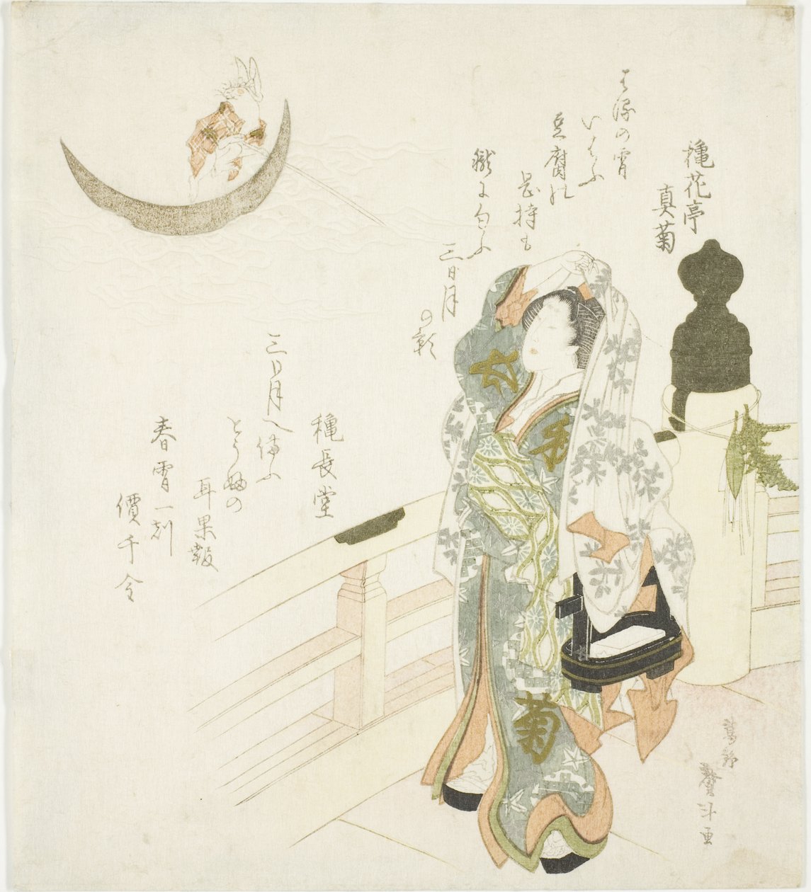 Vrouw op de brug die naar de maan kijkt door Katsushika Taito II