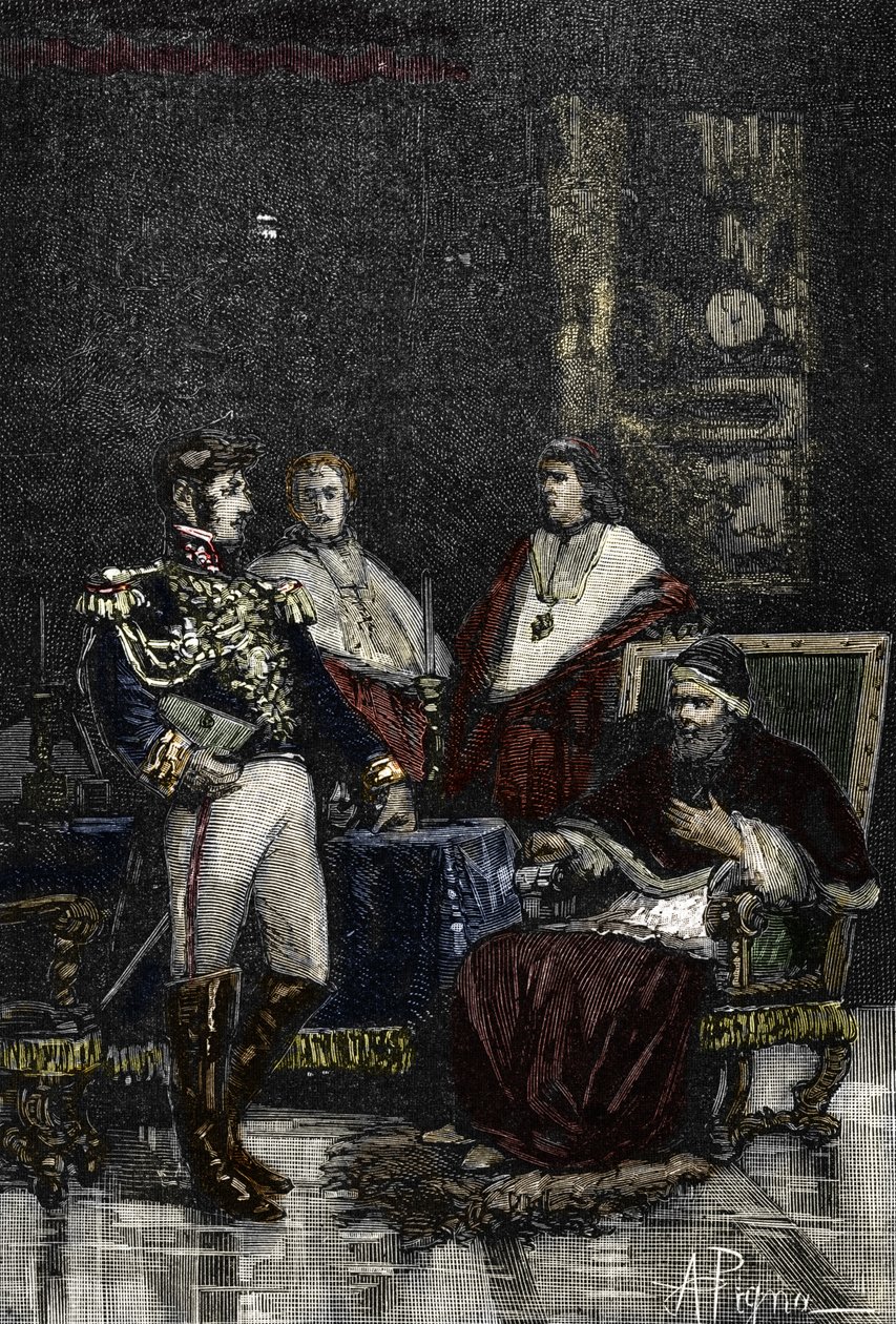 Generaal Cervoni riep paus Pius VI op om afstand te doen van zijn wereldlijke soevereiniteit in 1798. 1882 (Gravure) door Alec Hunter