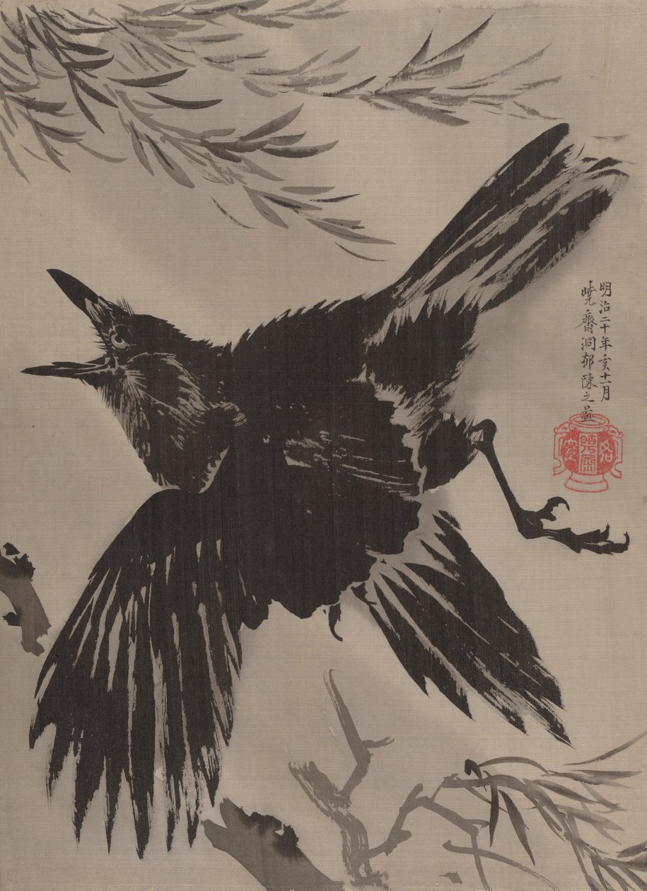 Kraai en wilgenboom, november 1887 door Kawanabe Kyosai