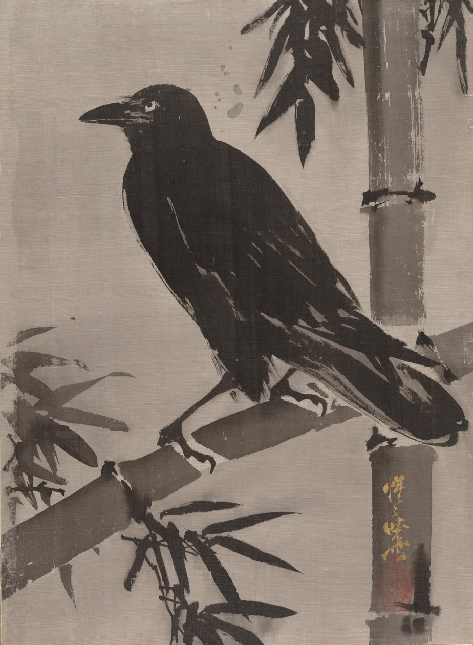 Kraai op een bamboetak, ca. 1887 door Kawanabe Kyosai