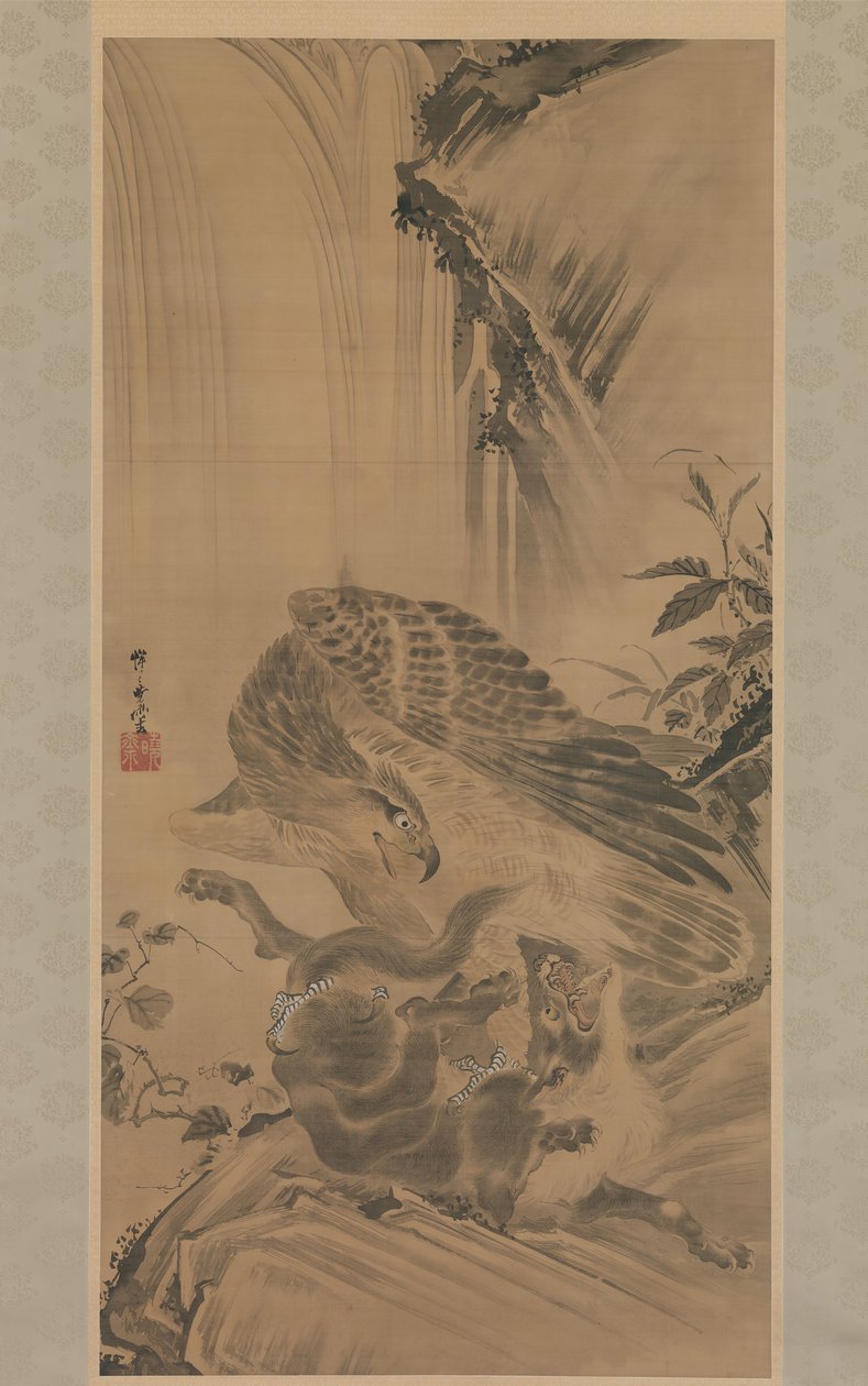 Adelaar die een Bergleeuw Aanvalt door Kawanabe Kyosai