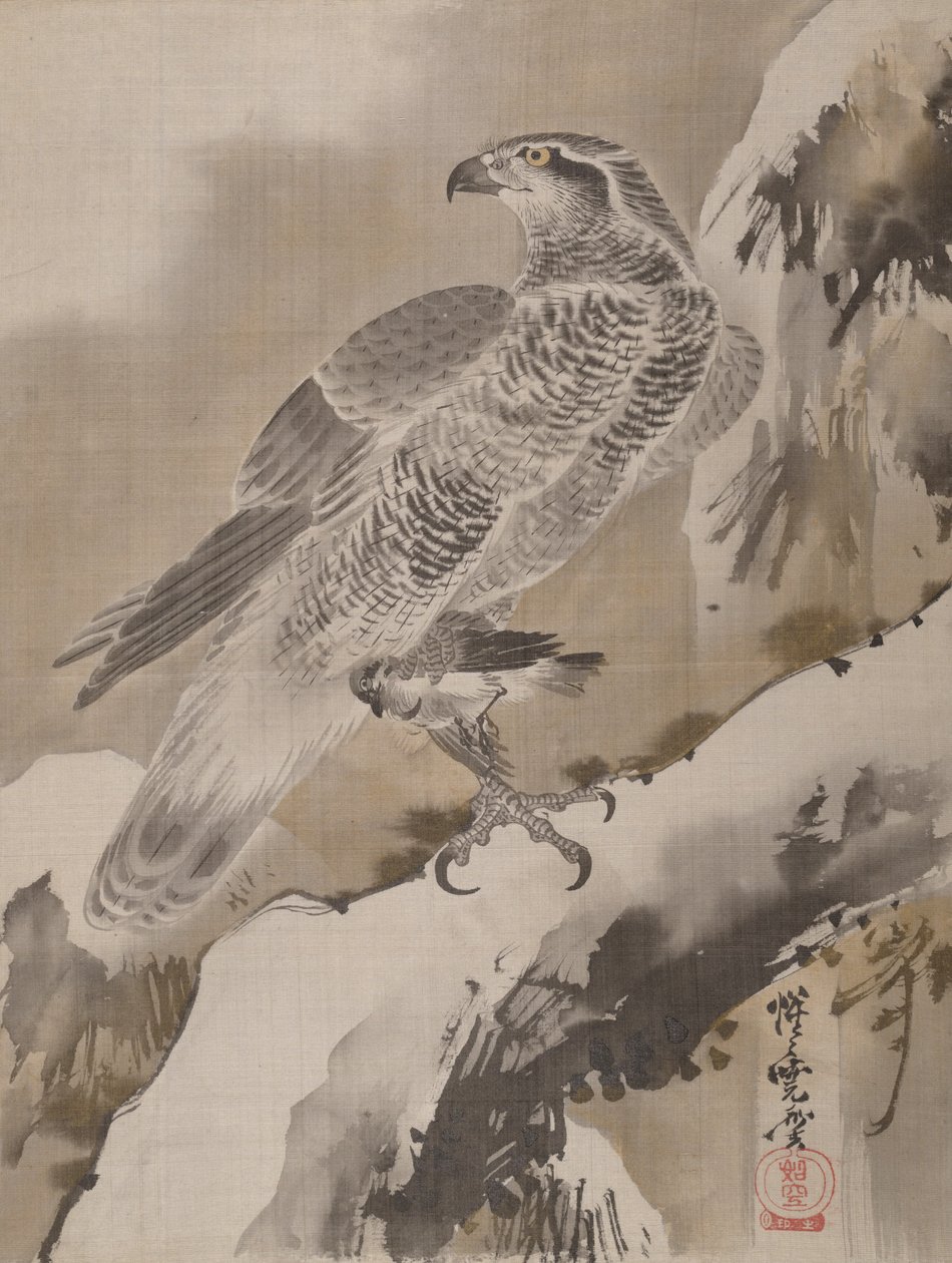 Adelaar die een kleine vogel vasthoudt, ca. 1887 door Kawanabe Kyosai
