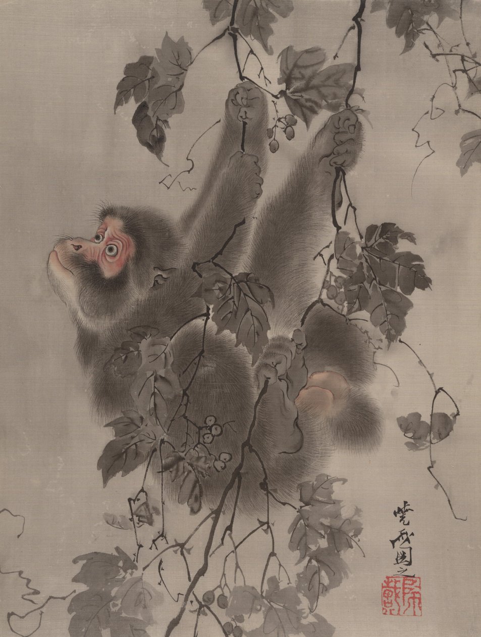 Aap hangt aan wijnstokken door Kawanabe Kyosai