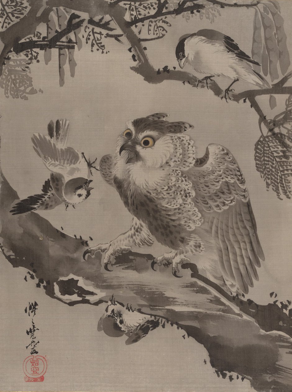 Uil Bespot door Kleine Vogels, ca. 1887 door Kawanabe Kyosai