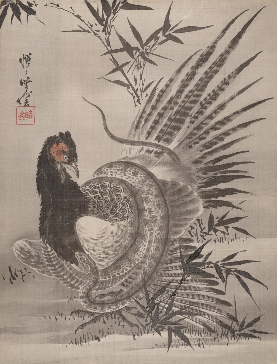 Fazant gevangen door een slang, ca. 1887 door Kawanabe Kyosai