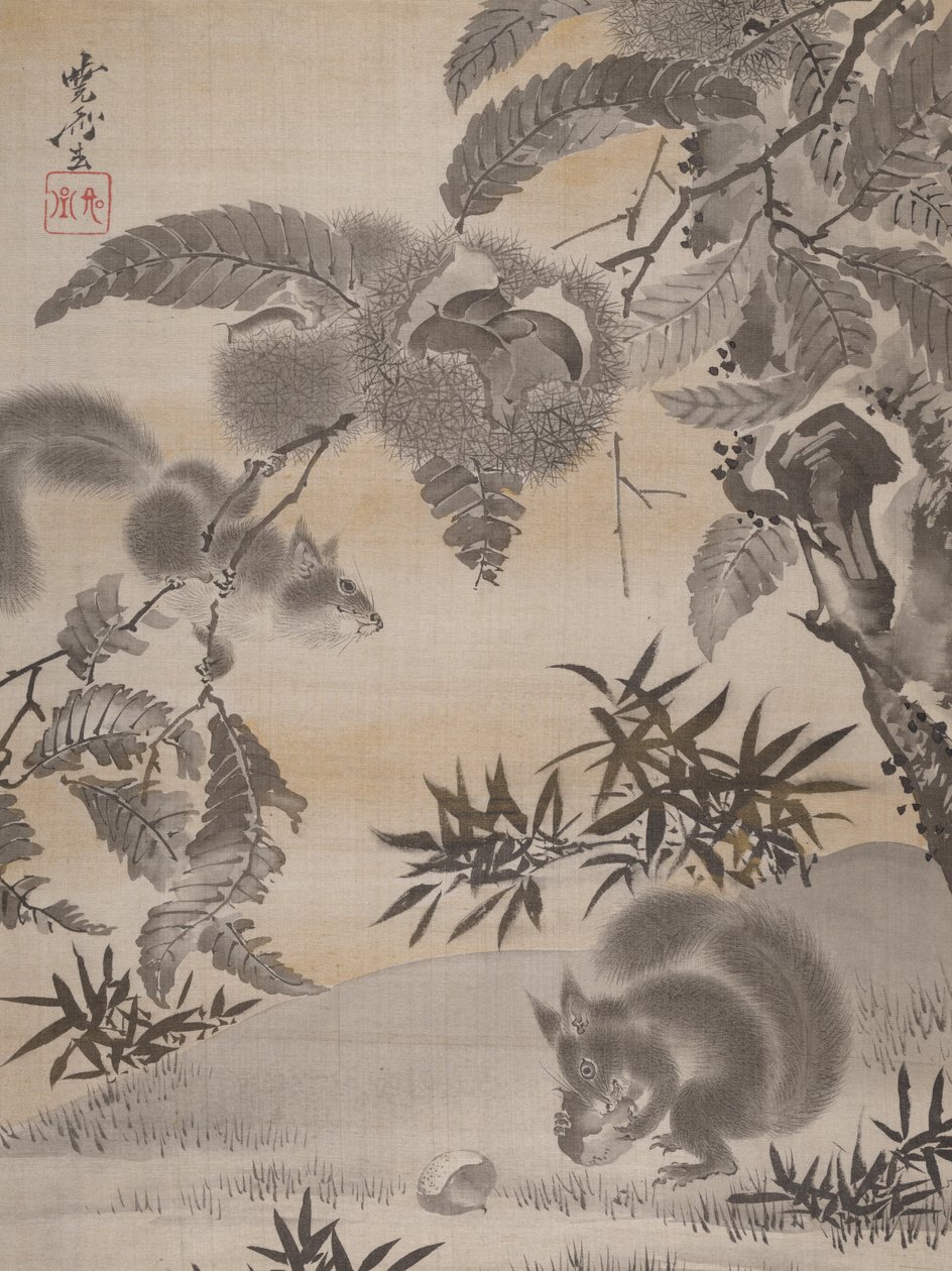 Eekhoorns verzamelen kastanjes, ca. 1887 door Kawanabe Kyosai