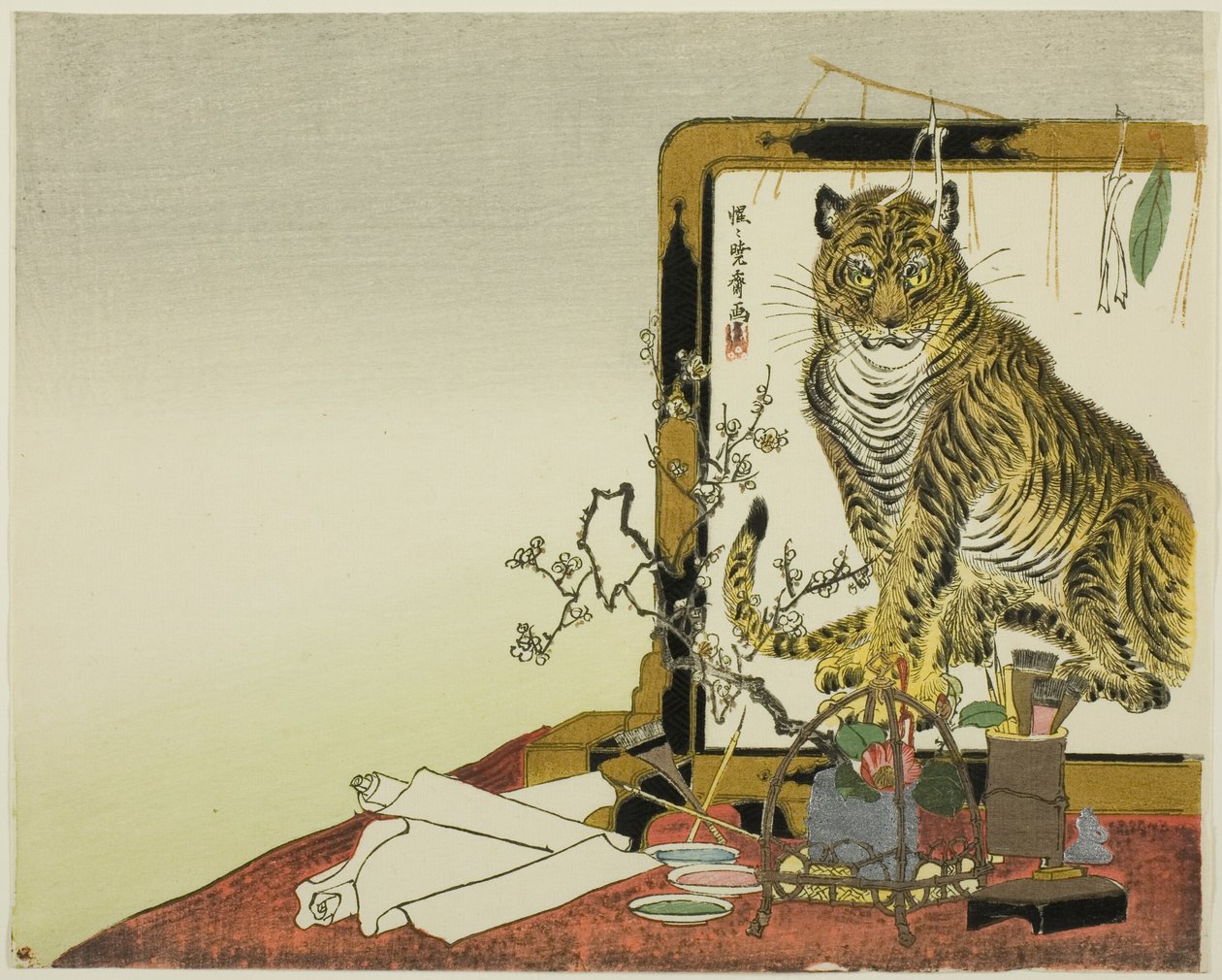 Staand scherm (Tsuitate) van een tijger door Kawanabe Kyosai