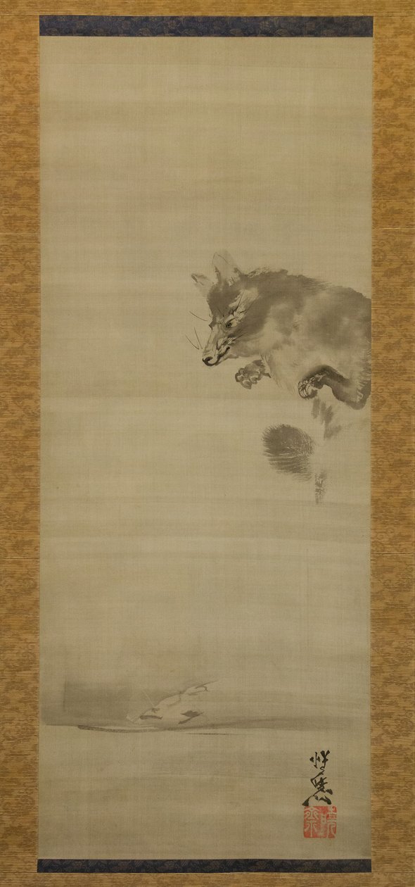 Tanuki Wasbeerhond die zijn Reflectie in Water Bekijkt, late 19e eeuw door Kawanabe Kyosai