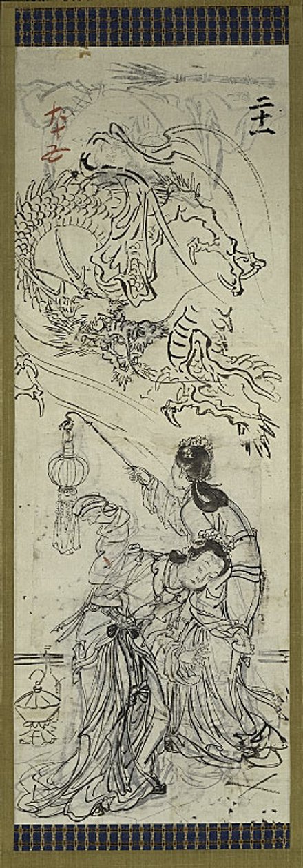 Twee Chinese vrouwen met draak, één van zes schetsen door Kawanabe Kyosai