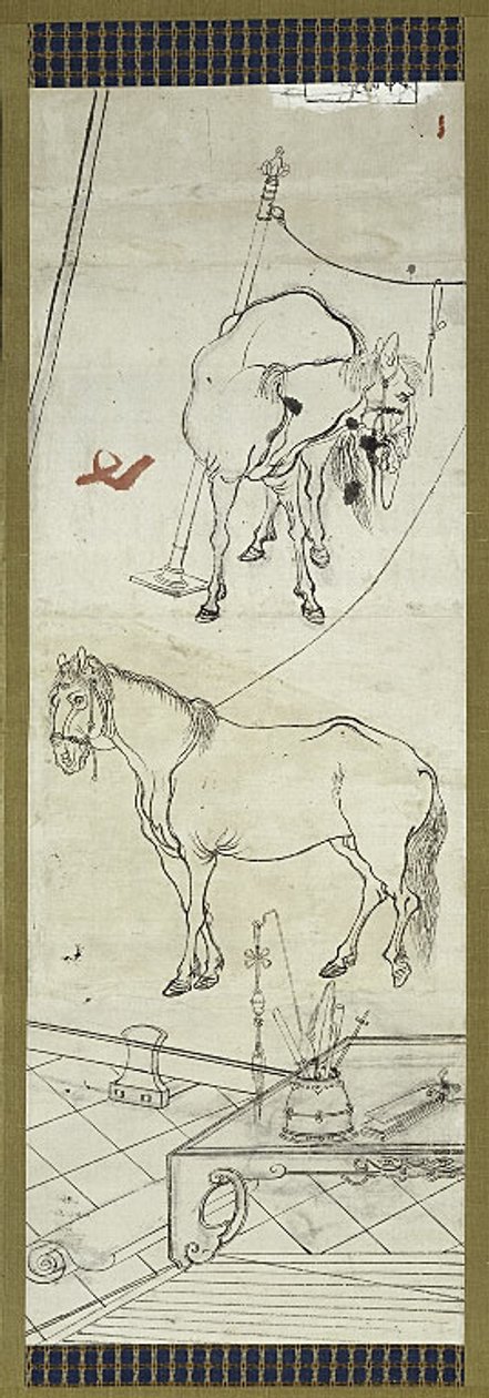 Twee paarden in Chinese stijl, één van zes schetsen door Kawanabe Kyosai