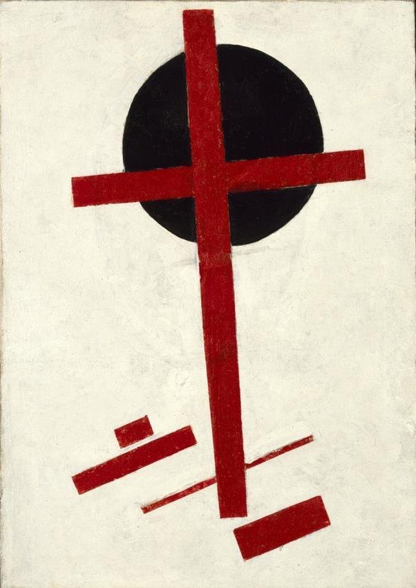 Rood kruis op een zwarte cirkel door Kazimir Severinovich Malevich
