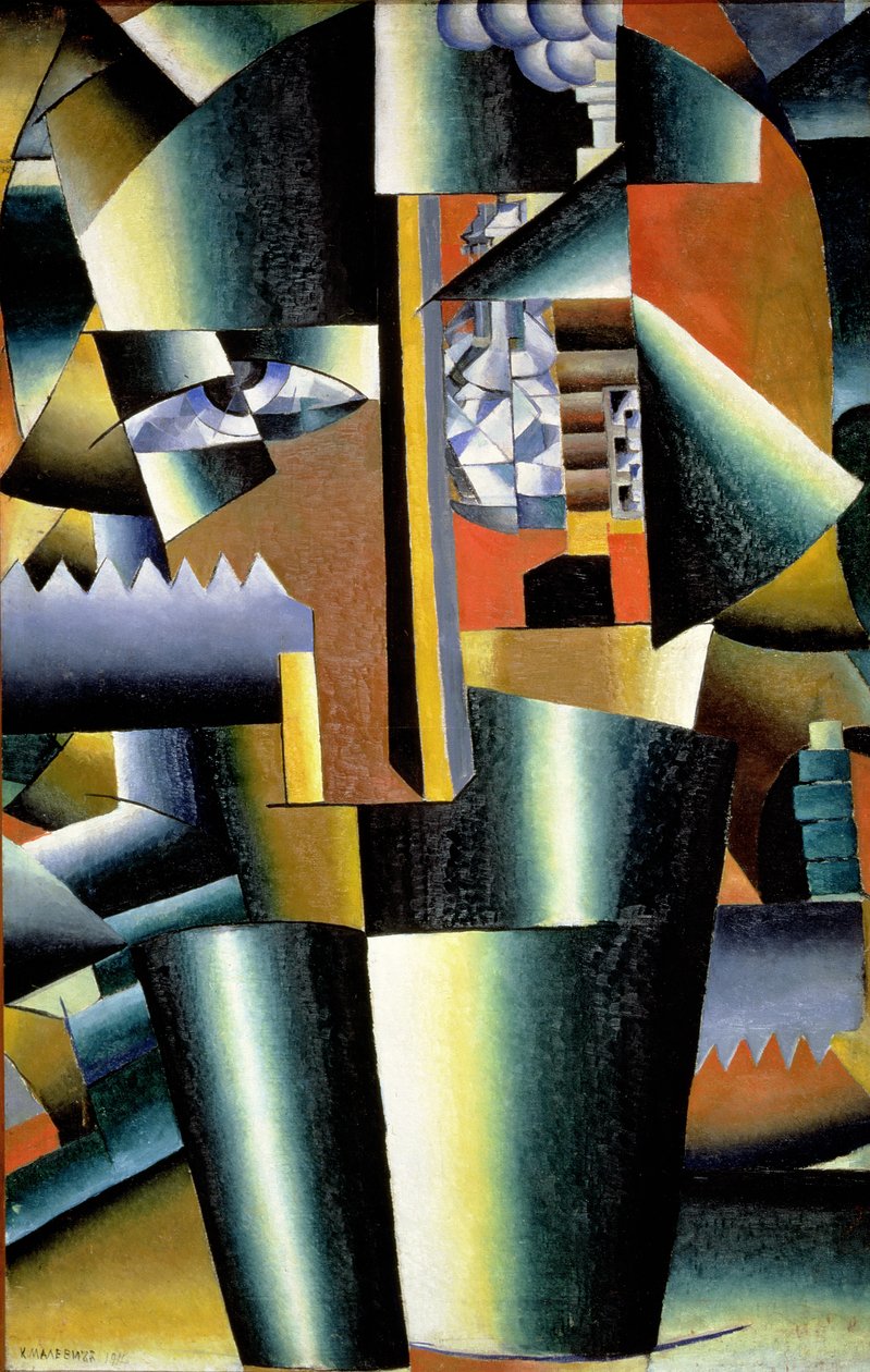 Portret van de Kunstenaar Ivan Vasilievich Klyun als Bouwer, 1911 door Kazimir Severinovich Malevich