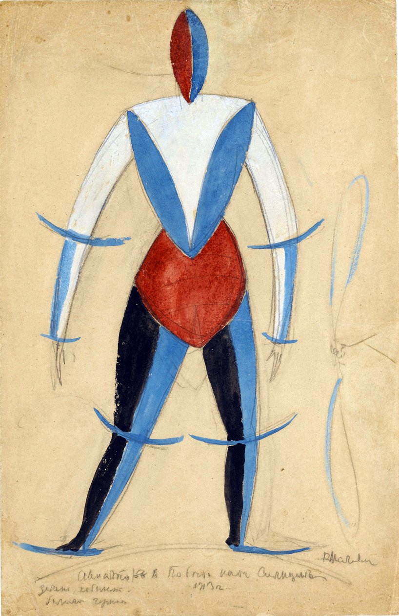 Aviator, kostuumontwerp voor de opera Victory over the Sun door A. Kruchenykh door Kazimir Severinovich Malevich