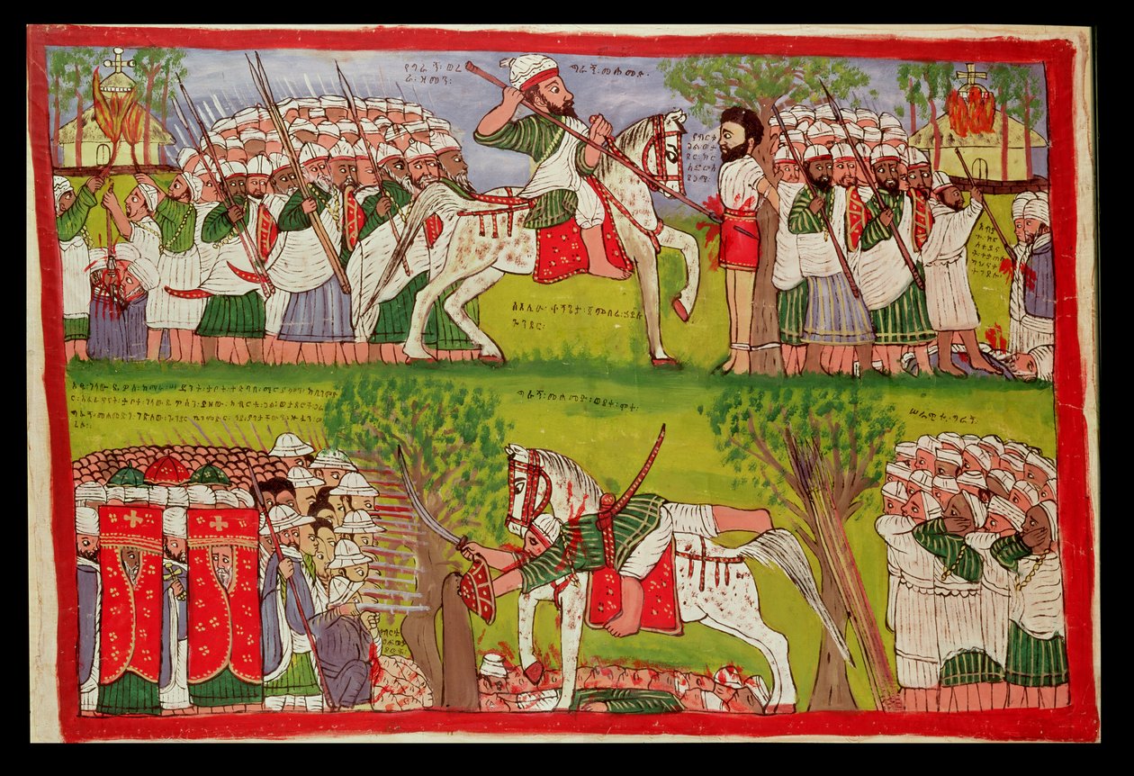 Verbranding van Kerken door Moslims en de Dood van Cristobal de Gama en de Val en Dood van Ahmed ibn Ibrahim al-Ghazi, Neergeschoten door een Portugese Musketier door Kegneketa Jemlieri Hailu of Gondar