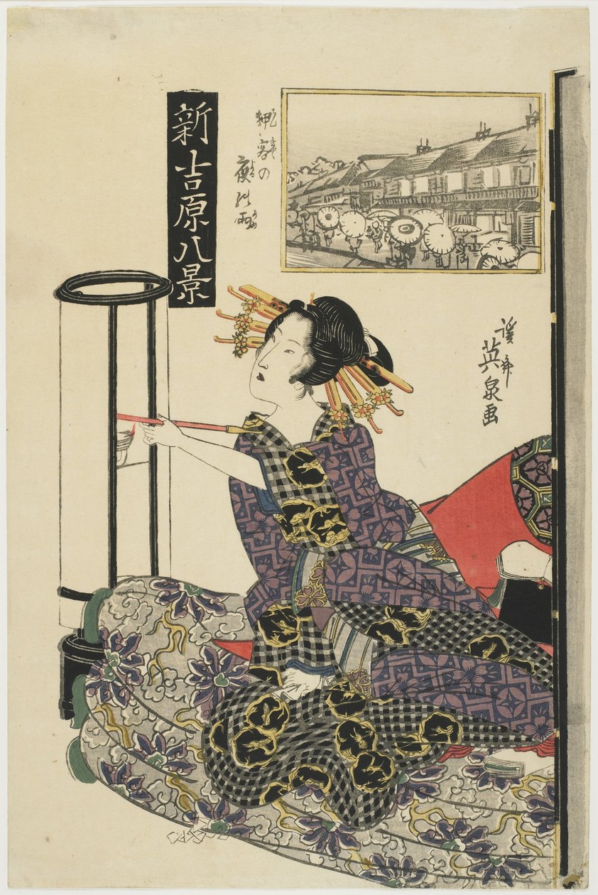 Regenachtige nacht met een vaste klant, ca. 1820s door Keisai Eisen