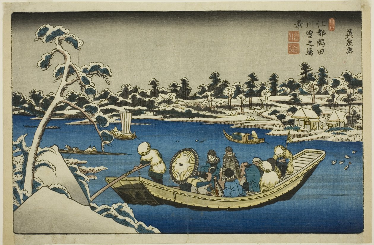 Verre blik op sneeuw op de Sumida-rivier in Edo door Keisai Eisen