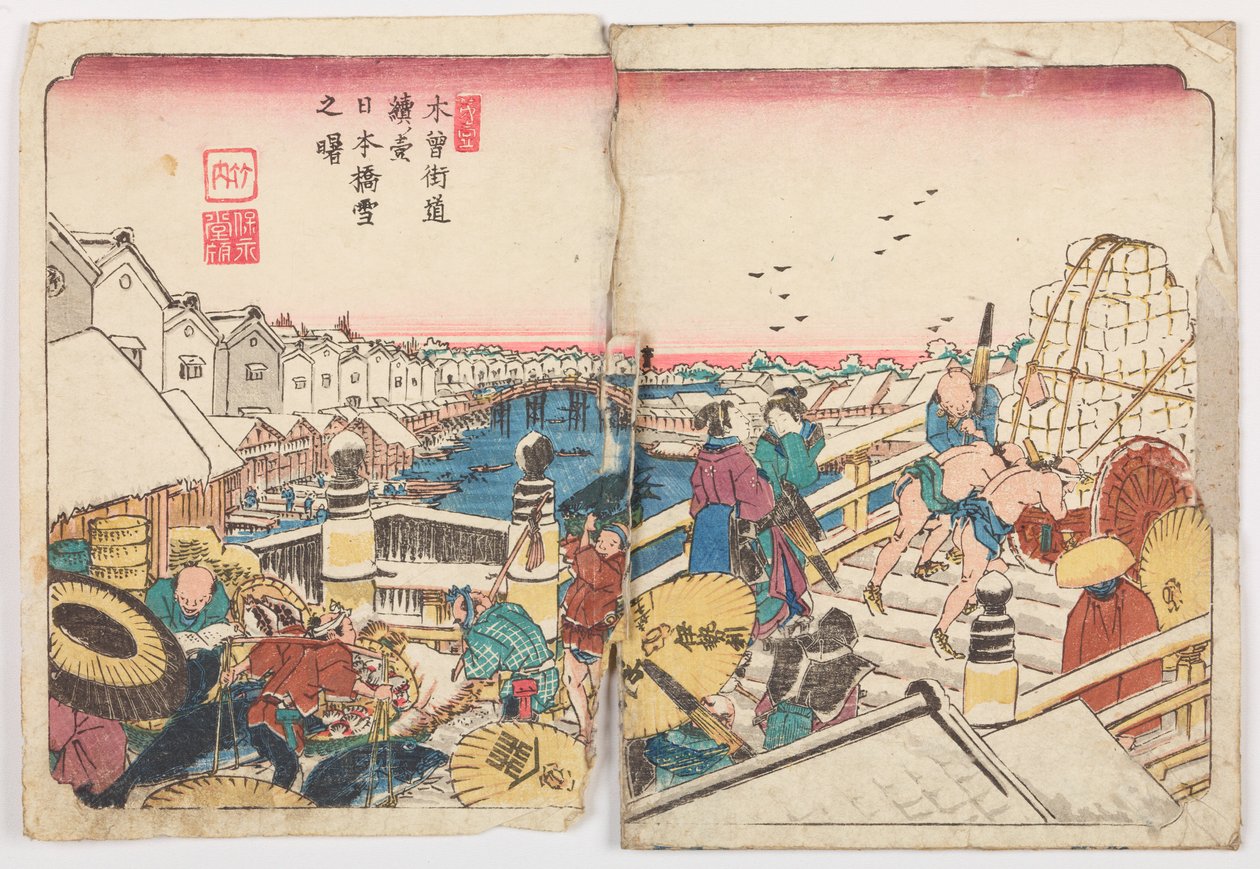 De Nihon-bashi-brug op een besneeuwde ochtend, plaat 1 uit de serie: De Kisokaido-weg / Kisokaido rokujuku zugi door Keisai Eisen