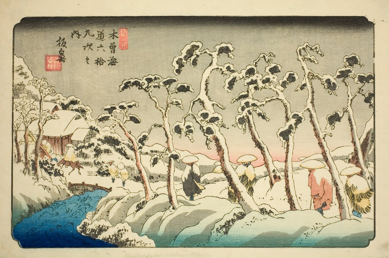 Nr. 15: Itahana, uit de serie "Negenenzestig Stations van de Kisokaido (Kisokaido rokujukyu tsugi no uchi)" door Keisai Eisen