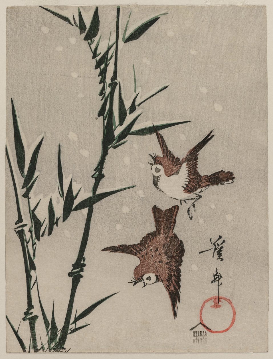 Mussen, Bamboe en Vallende Sneeuw, ca. late 1820s door Keisai Eisen