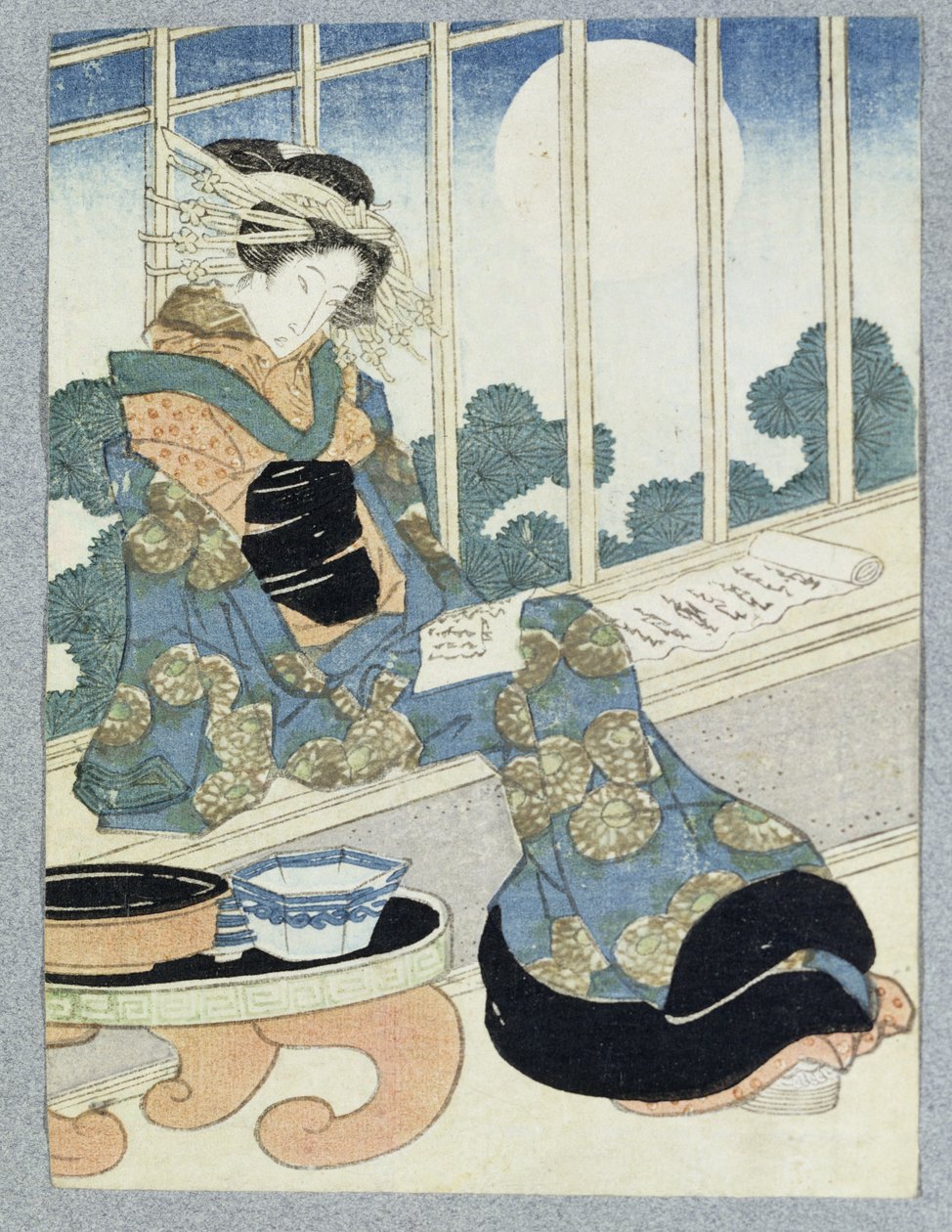 Japanse Dame die Leest bij Maanlicht door Keisai Yeisen