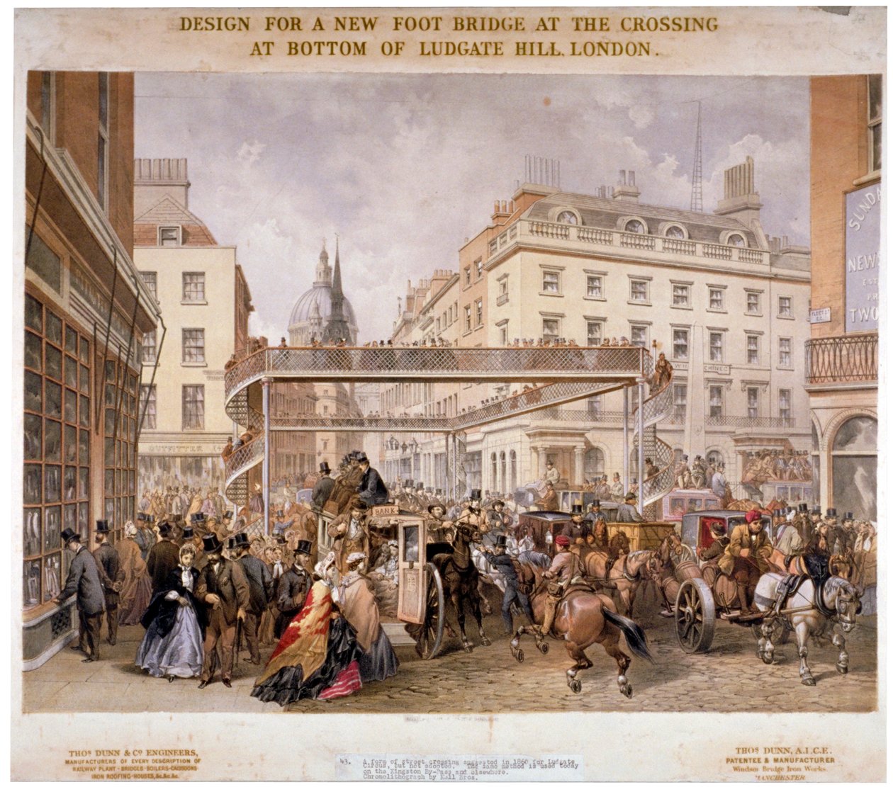 Ontwerp voor een nieuwe voetbrug bij de kruising Ludgate Hill en Fleet Street, City of London door Kell Brothers
