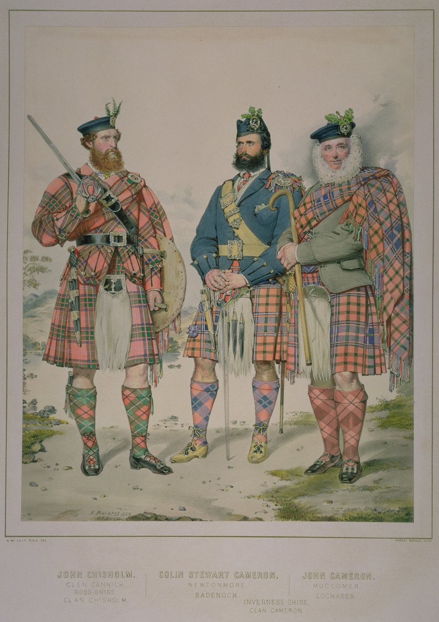 Drieluik portret van John Chisholm, Colin Stewart Cameron en John Cameron, mannen van de Clan Chisholm en Clan Cameron, gepubliceerd in The Highlander of Scotland van 1870, 1869 door Kenneth Macleay