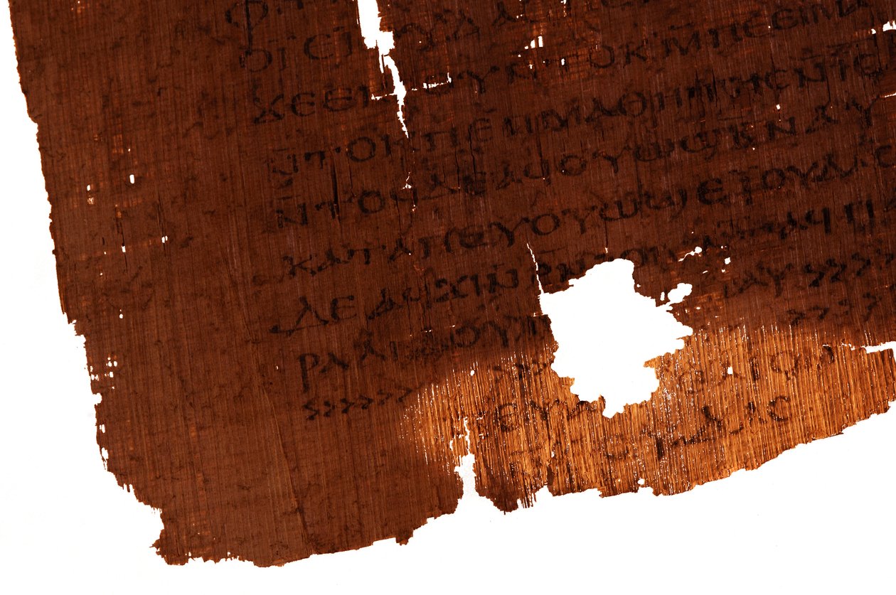Detail van de slotpagina van het Evangelie van Judas, laatste regel van de tekst leest "Het Evangelie van Judas" door Kenneth Garrett