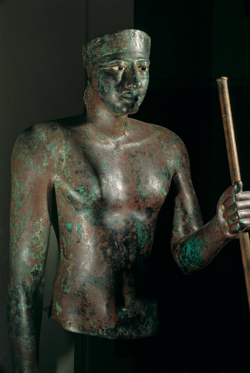 Standbeeld van Pepi I, koper met ingelegde ogen van kalksteen en obsidiaan, uit de tempel van Herwer door Kenneth Garrett