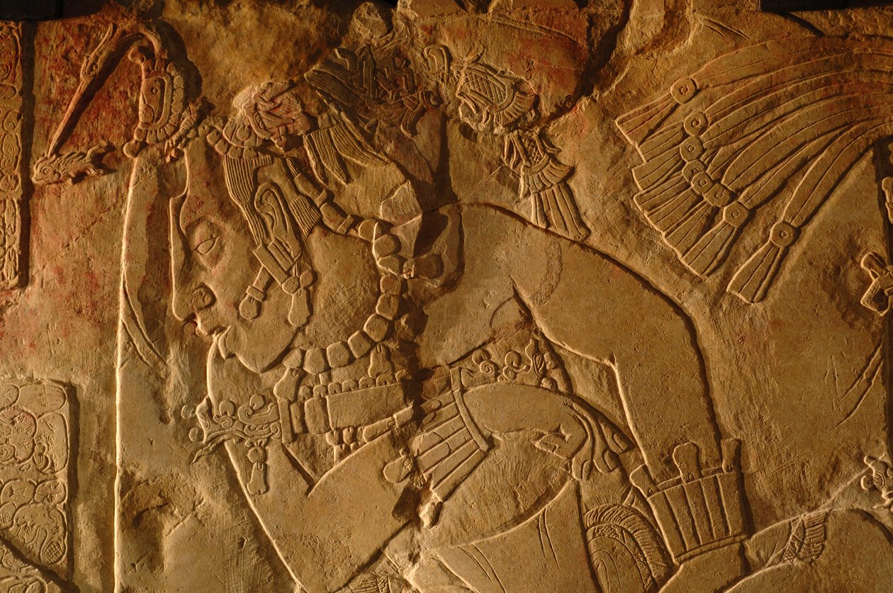 Tempel 19 troonbank, Palenque, Mexico, gravure van Akhal Mo Nab, 2005 door Kenneth Garrett