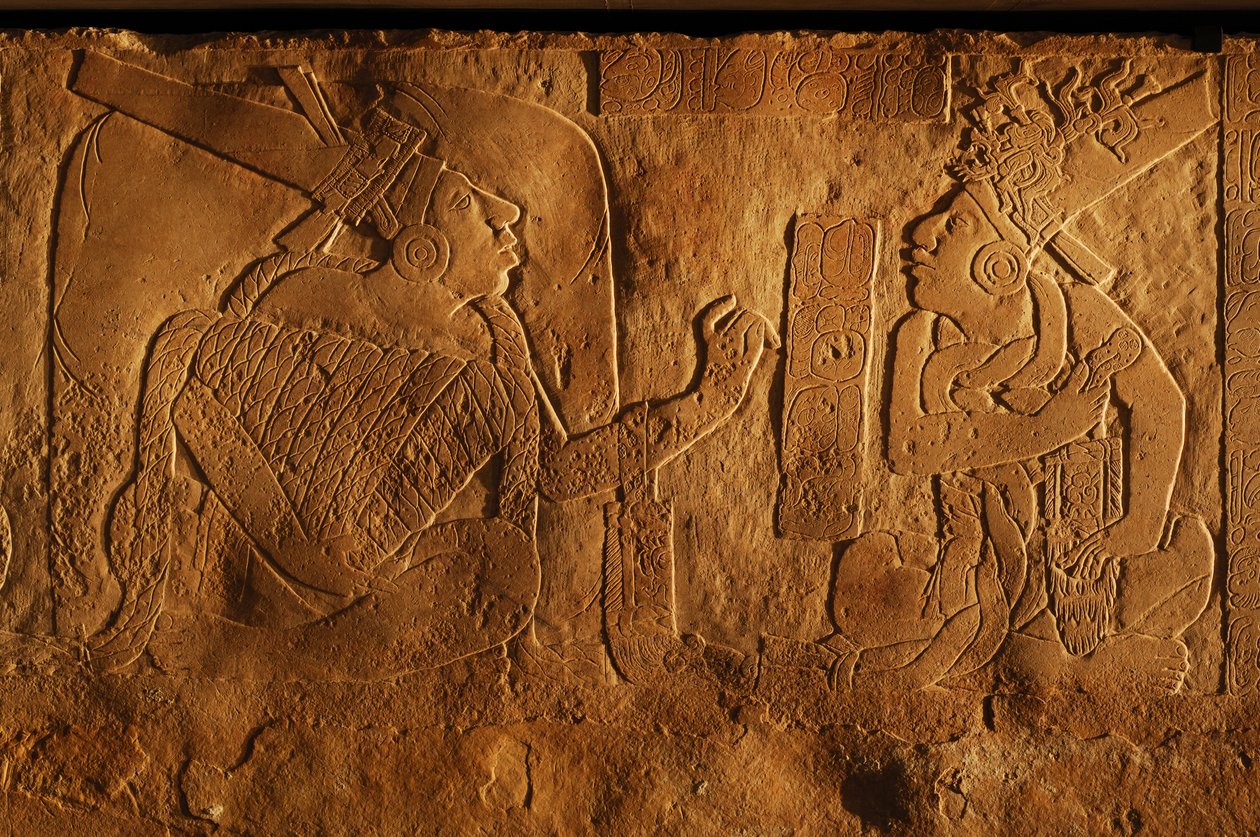 Tempel 19 troonbank, Palenque, Mexico, gravure van Akhal Mo Nab, 2005 (foto) door Kenneth Garrett